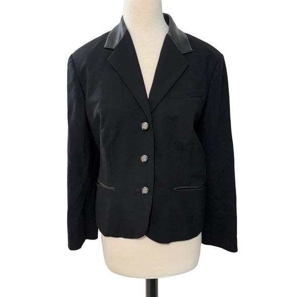 Lauren Ralph Lauren Blazer Leather Trim Wool Jacket Coat Horse Buttons Black 16 - Picture 1 of 15